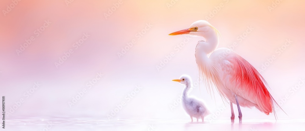 Fototapeta premium Two birds perched together on a water's edge, beneath a rosy sky
