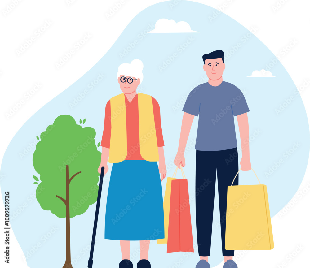 Man help old woman with shopping bags. Senior care Man help old woman with shopping bags. Senior care