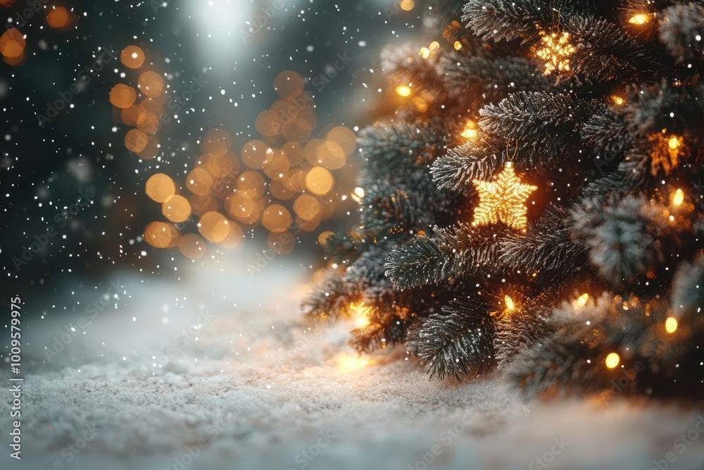 Naklejka premium blurred winter background featuring a beautifully decorated christmas tree with softly glowing garland lights conveying a festive holiday spirit and warmth