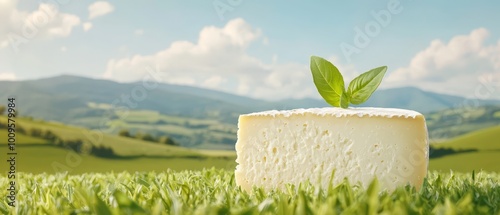  A cheesewith a sprig of green leaves atop, in a field's heart photo