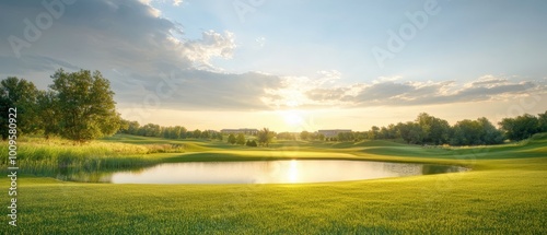  A golf course featuring a pond in the foreground and a backdrop of another golf course with trees preceding it