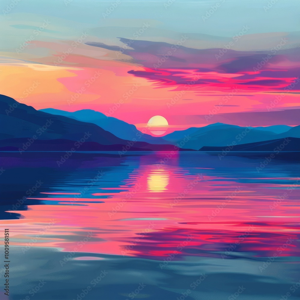 A calm lake or ocean reflecting a vibrant sunset illustration A calm lake or ocean reflecting a vibrant sunset illustration