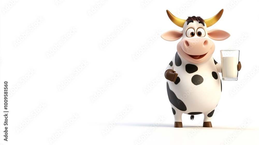 A cheerful cartoon cow with black spots holds a glass of milk, smiling brightly against a white background. Fun and playful. National Milk Day, January 11. Perfect for banners, cards, or posters. A cheerful cartoon cow with black spots holds a glass of milk, smiling brightly against a white background. Fun and playful. National Milk Day, January 11. Perfect for banners, cards, or posters.