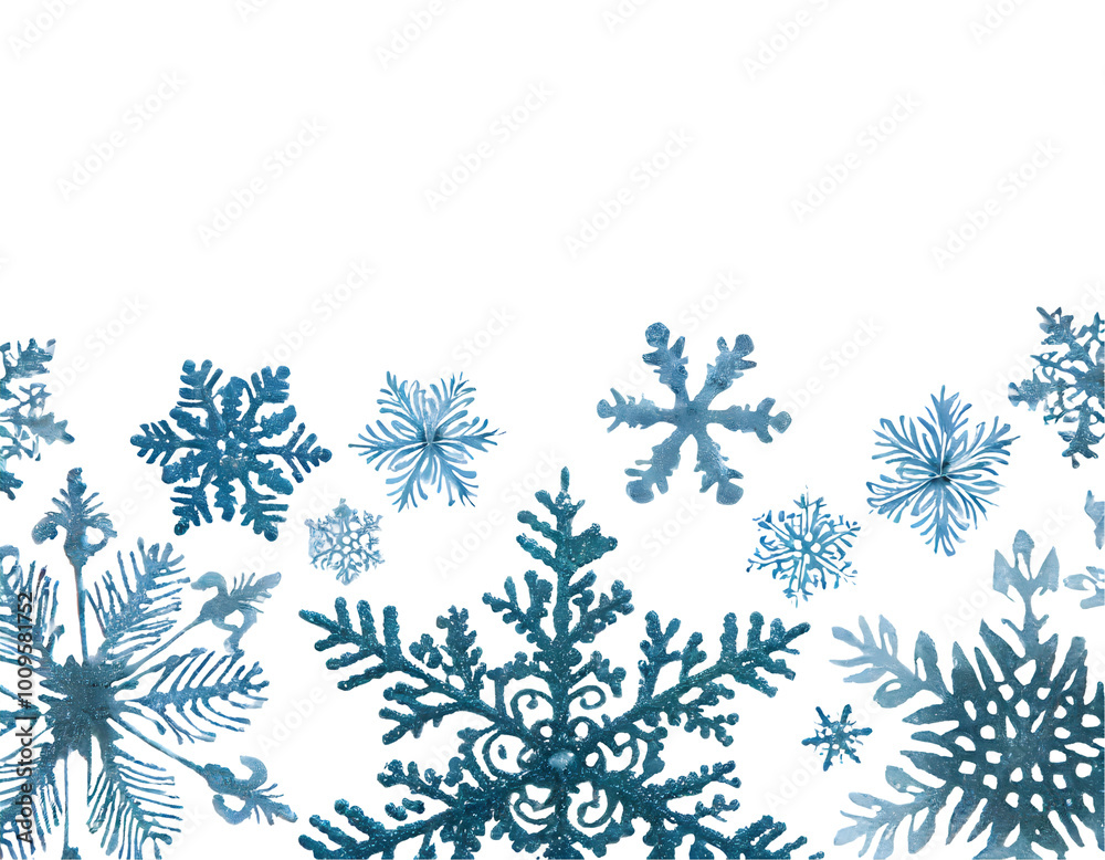 Winter snowflakes border minimal vector background. Macro snowflakes flying seamless border. Generative AI. Winter snowflakes border minimal vector background. Macro snowflakes flying seamless border. Generative AI.