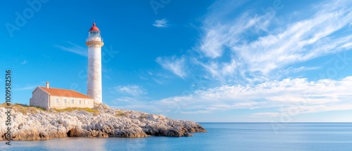  A lighthouse atop a rocky outcropping, mid-ocean beneath a blue sky, veiled in wispy clouds