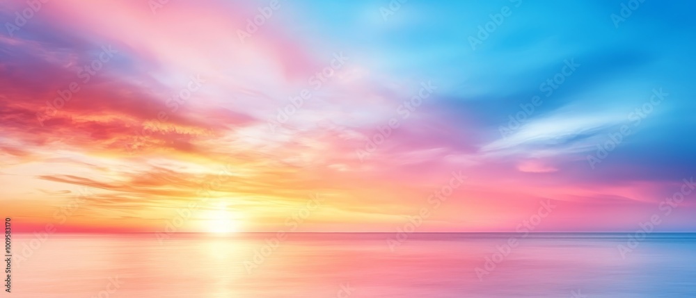 A tranquil scene of a vast water body with the sky as its backdrop, clouds scattering the middle, and the sun centrally positioned in the sky A tranquil scene of a vast water body with the sky as its backdrop, clouds scattering the middle, and the sun centrally positioned in the sky