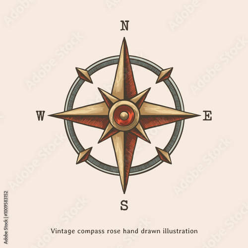 Compass illustration. Compass rose hand drawn illustration in vintage style