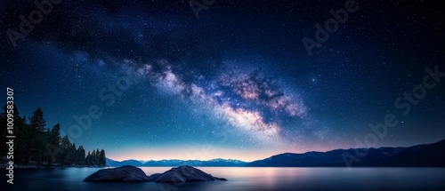  A lake with rocks in the foreground is framed by a night sky filled with stars and a distant mountain range