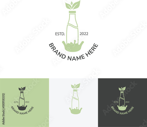 Milk bottle logo with organic leaves