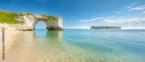  A sizable body of water features a substantial rock midway, with a diminutive island visible in the distance