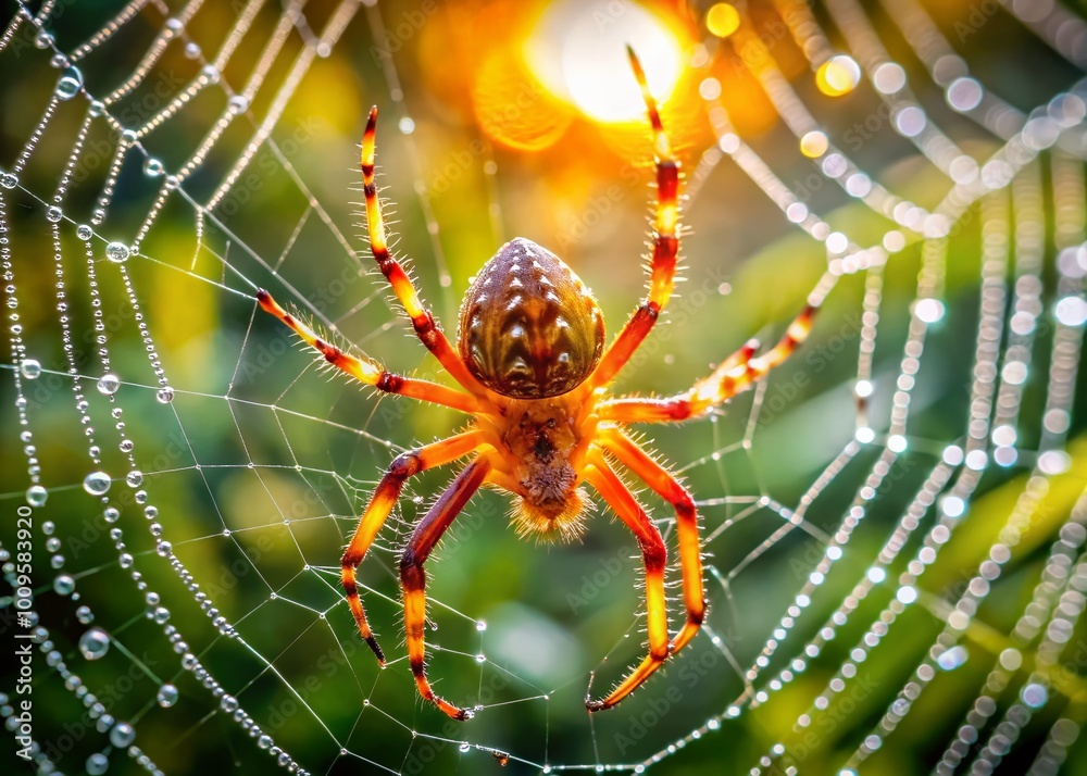 Vibrant Orange Orb Weaver Spider on a Web in Nature Capturing Morning Dewdrops and Sunshine Vibrant Orange Orb Weaver Spider on a Web in Nature Capturing Morning Dewdrops and Sunshine