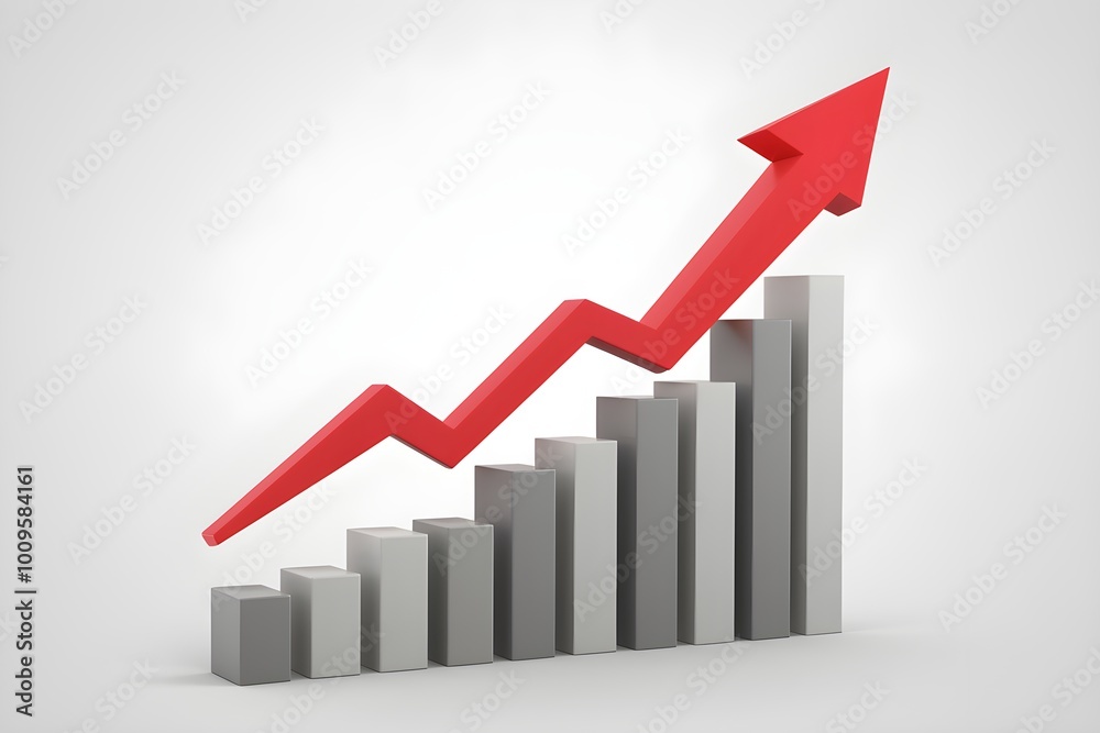 Red 3D arrow points upwards over gray bars, indicating rising data Red 3D arrow points upwards over gray bars, indicating rising data