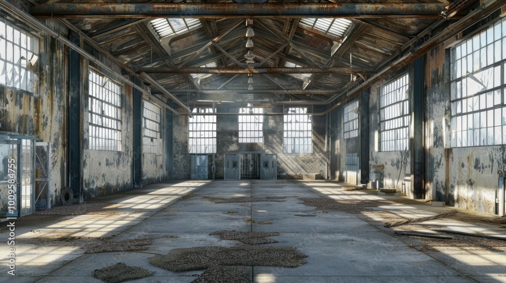 A large, empty warehouse with a lot of windows A large, empty warehouse with a lot of windows