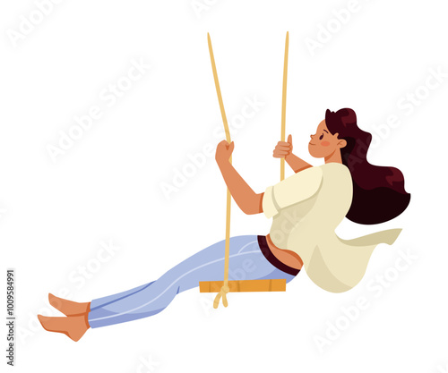 Happy Woman on Rope Swing Rocking and Relaxing Vector Illustration