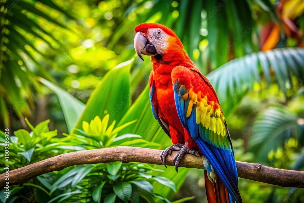 Vibrant Parrot Perched on a Branch Surrounded by Lush Green Foliage in a Tropical Environment