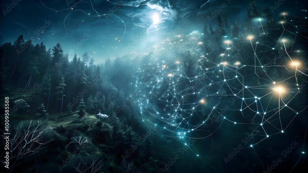 An abstract neural network connecting ecosystems, showcasing the link between forest and ocean