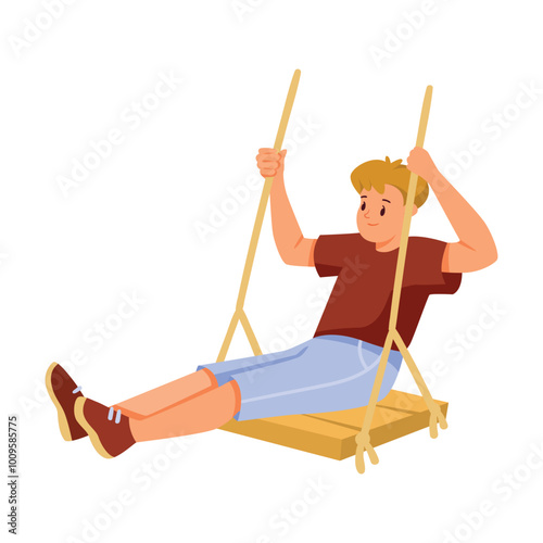 Happy Boy on Rope Swing Rocking and Relaxing Vector Illustration