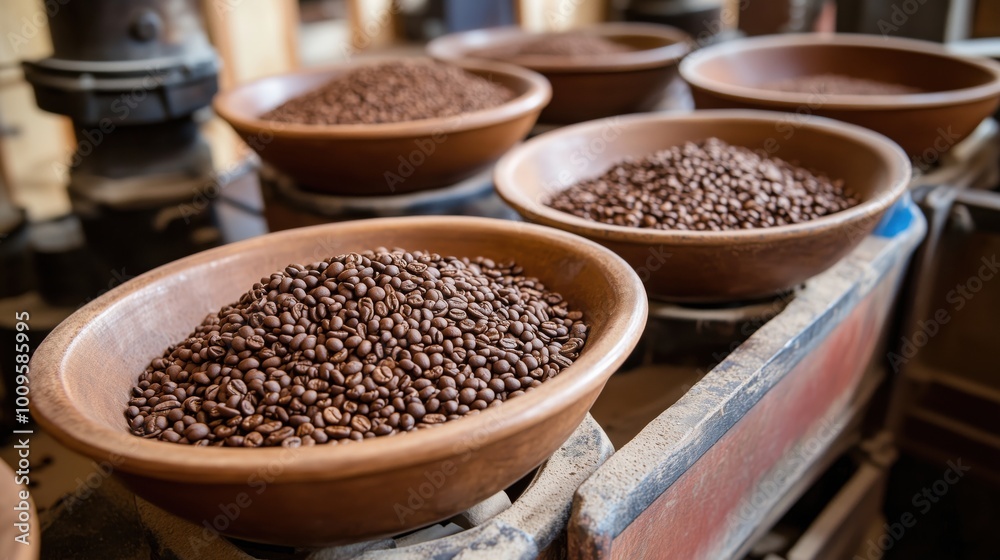 Coffee beans in wooden bowls, rustic setting, natural light Coffee beans in wooden bowls, rustic setting, natural light
