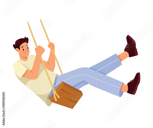 Happy Man on Rope Swing Rocking and Relaxing Vector Illustration