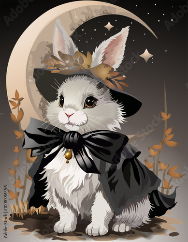 Cute rabbit on the costume and hat in the dark grey backround