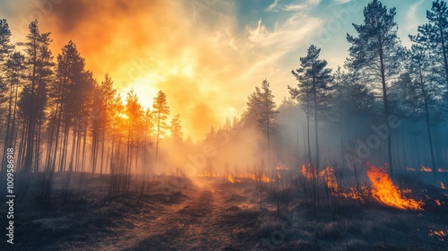 Forest fire engulfing trees at sunset, smoke and flames