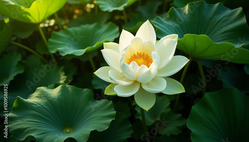 White lotus flower blooming with vibrant yellow center surrounded by green leaves photo