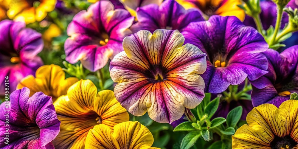 Vibrant Purple and Yellow Petunias Blooming in a Sunny Garden Creating a Colorful Floral Display Vibrant Purple and Yellow Petunias Blooming in a Sunny Garden Creating a Colorful Floral Display