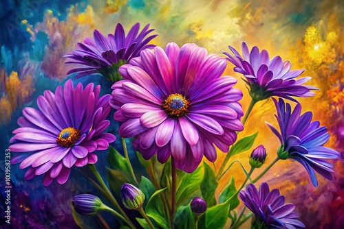 Vibrant Purple Flowers Painting with Abstract Background, Perfect for Home Decor and Art Enthusiasts