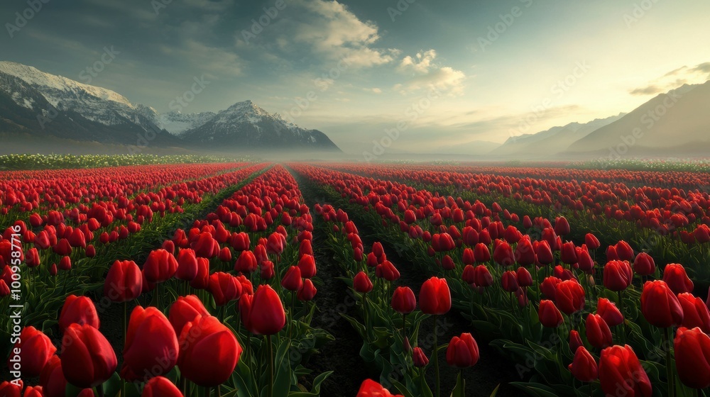 Fototapeta premium A panoramic view of tulip fields in full bloom, framed by distant mountains in the early morning light