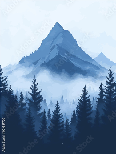 Vector of misty mountain peak emerging from a serene forest landscape, featuring soft blue tones. Ideal for outdoor and adventure branding.