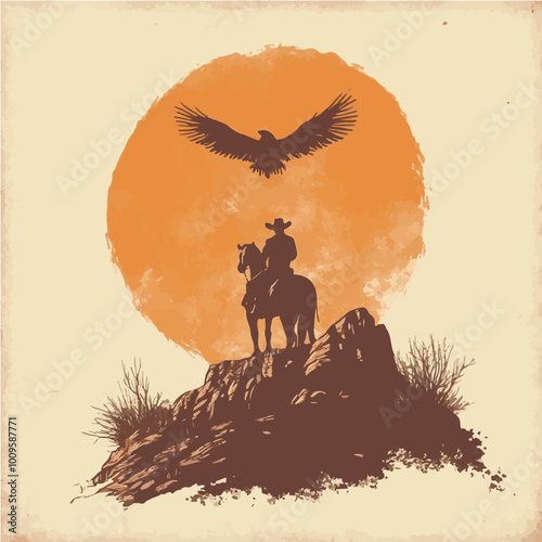 Western-themed vector logo featuring a cowboy on horseback under a large eagle. Perfect for a videography or media business.