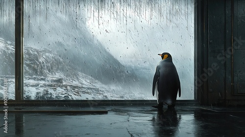   A penguin in front of a window with a snow-capped mountain behind it
