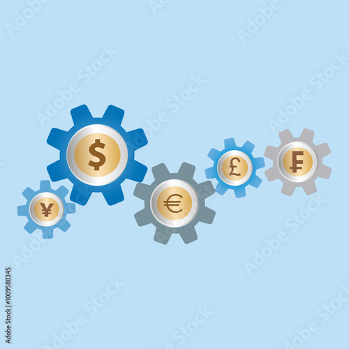 Cogwheel gear with different coins like dollar, pound, euro, swiss franc, and yen