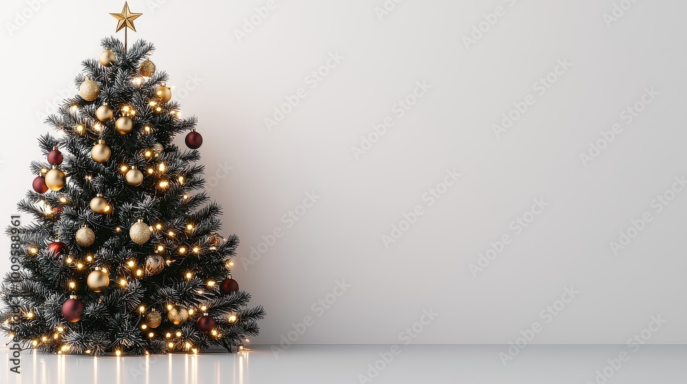 A beautifully decorated Christmas tree with ornaments and glowing lights, set against a simple white backdrop, epitomizing festive cheer and holiday spirit. A beautifully decorated Christmas tree with ornaments and glowing lights, set against a simple white backdrop, epitomizing festive cheer and holiday spirit.