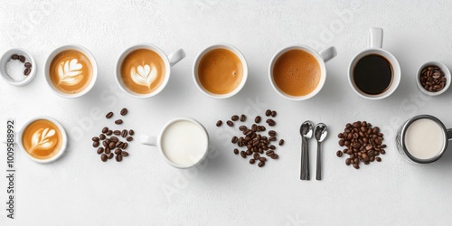 Wallpaper Mural A variety of coffee drinks arranged with coffee beans and milk on a light background. Torontodigital.ca