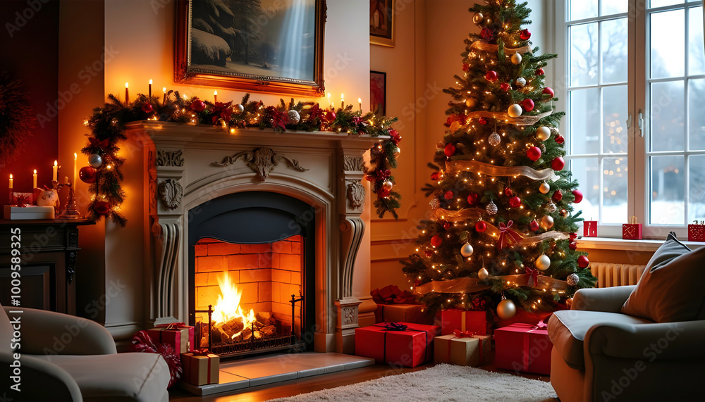 Christmas and New Year background with Christmas decorations with fir branches and cones