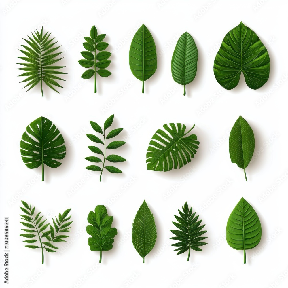 A collection of tropical leaves, cartoon style, bright green and detailed, isolated on white background A collection of tropical leaves, cartoon style, bright green and detailed, isolated on white background