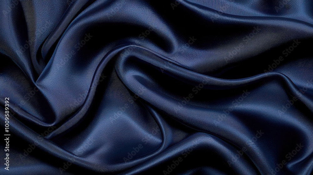 A close-up view of luxurious navy blue satin fabric with elegant folds and smooth texture.