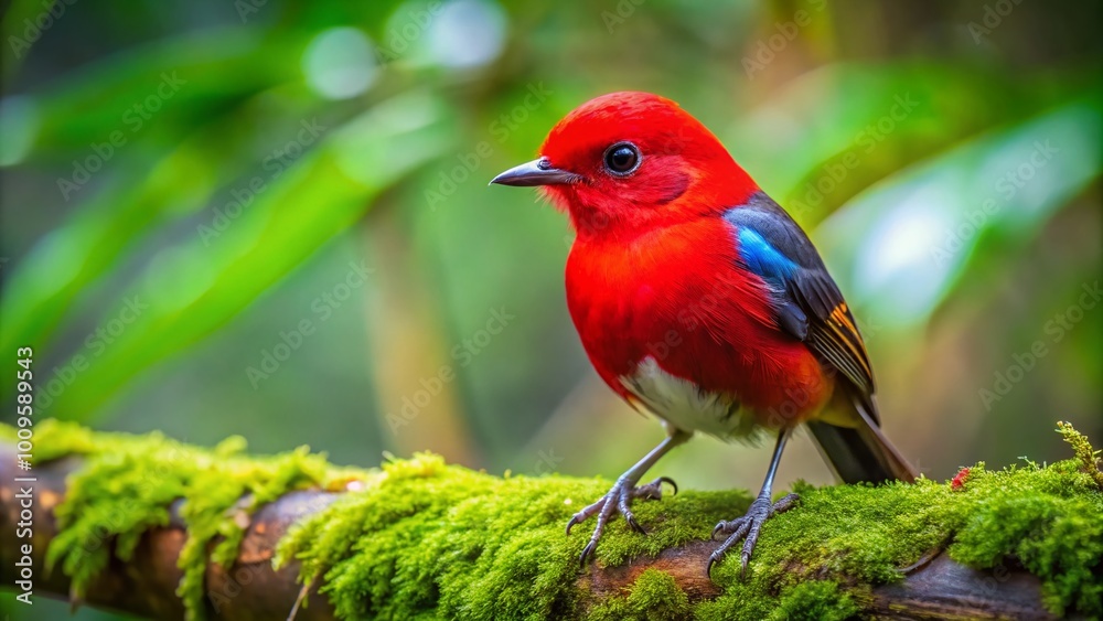 Vibrant Red-Cheeked Bird Perched on a Branch in a Lush Green Forest Setting Captured in Nature Vibrant Red-Cheeked Bird Perched on a Branch in a Lush Green Forest Setting Captured in Nature