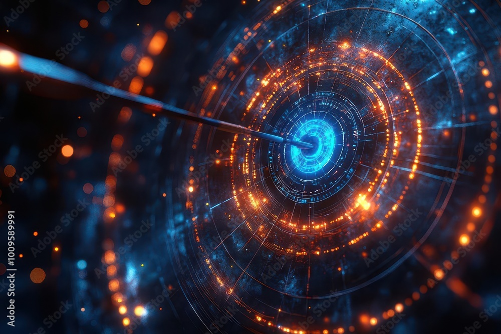 businessman confidently protecting a glowing virtual dartboard with a blue target symbolizing focus and achievement in a corporate setting infused with a technological vibe