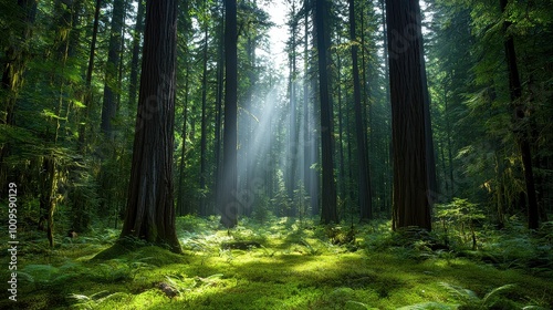 A serene forest scene with sunlight filtering through tall trees, illuminating a lush green undergrowth.