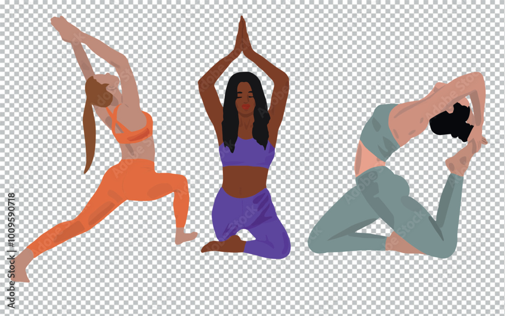 Fototapeta premium 3 femmes posture yoga diversité souplesse sport guerrier vecteur 