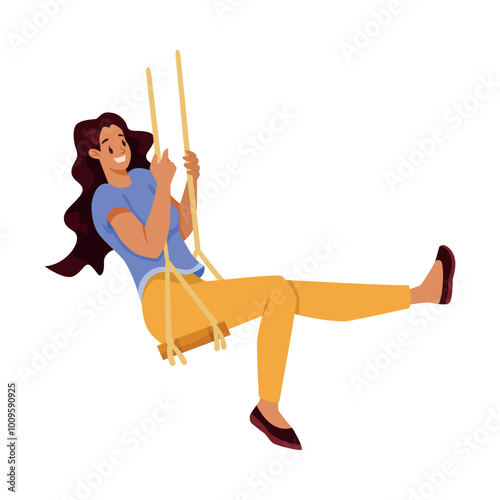 Happy Woman on Rope Swing Rocking and Relaxing Vector Illustration