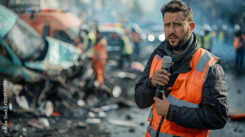 A reporter with a microphone stands in front of a severe road accident, reporting on the event.