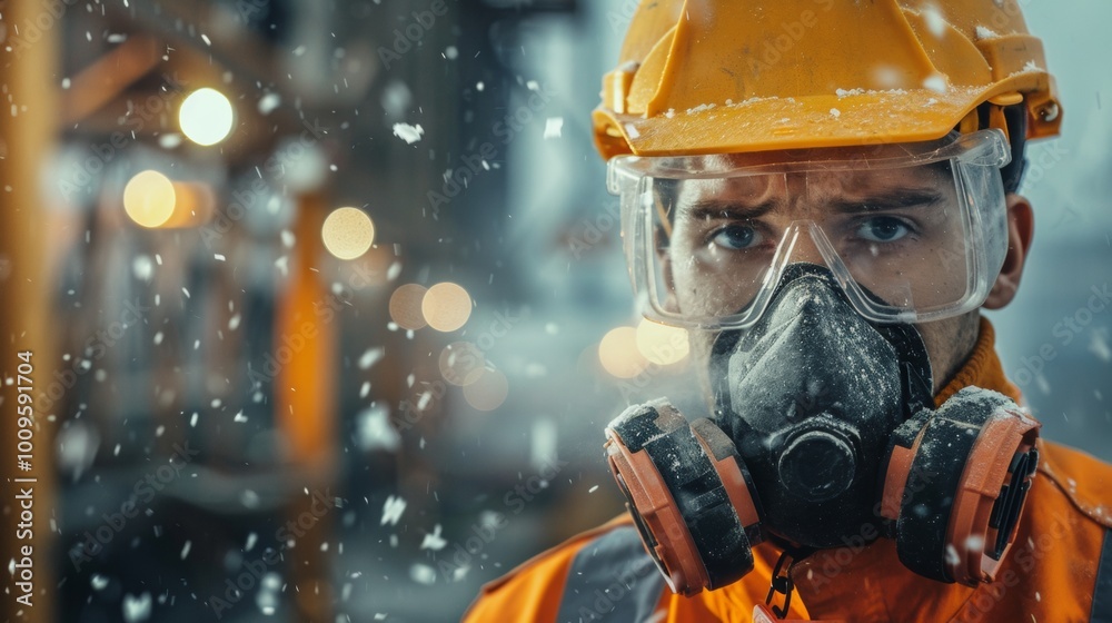 worker with helmet and mask in an industry worker with helmet and mask in an industry
