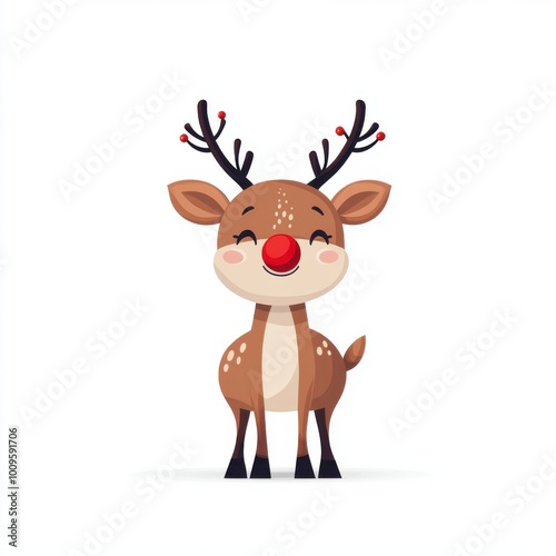 A cartoon reindeer with a red nose, playful Christmas character, smiling face, isolated on white background