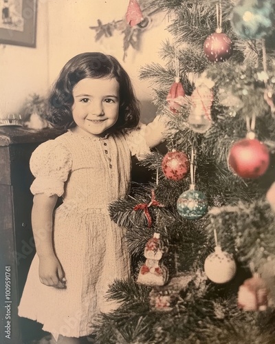 Vintage Christmas Joy: A young girl beams with happiness as she adorns a Christmas tree with ornaments, capturing the innocence and magic of the holiday season.   photo