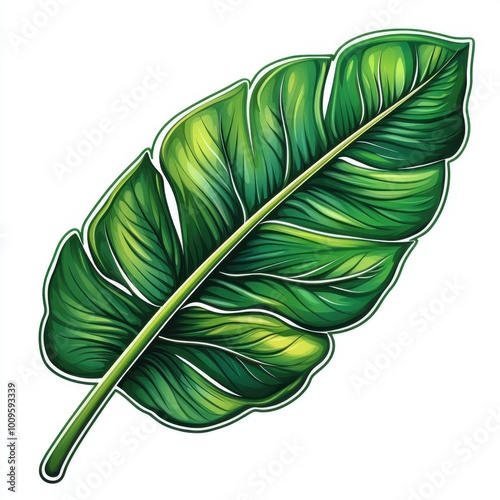 A cartoon banana leaf, tropical theme, bright green, detailed illustration, isolated on white background