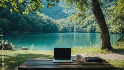 A laptop is sitting on a table next to a cup of coffee