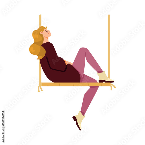 Happy Woman on Rope Swing Rocking and Relaxing Vector Illustration
